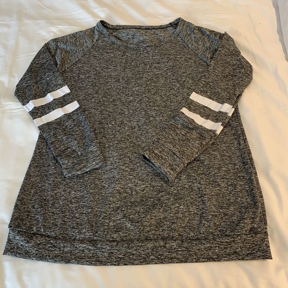 Marble Heather Gray Pullover Womens L White Arm Band Stripes Banded Hem Sleeves